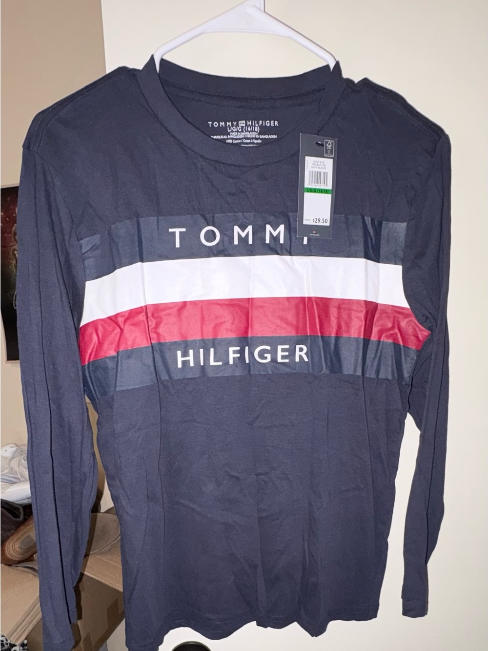 Tommy Hilfiger Boys Navy Long-Sleeve Logo Tee with Red & White Stripe